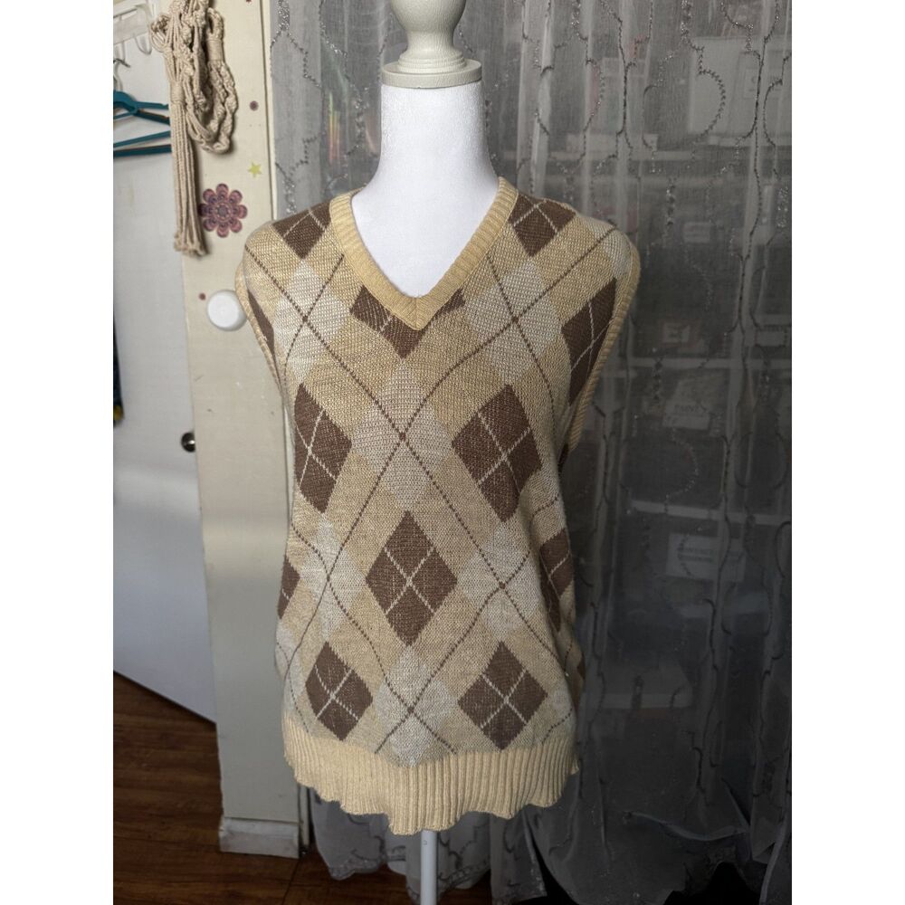 Vintage 80s Le Tigre Argyle Sweater Vest Made USA Brown Beige Cotton Preppy